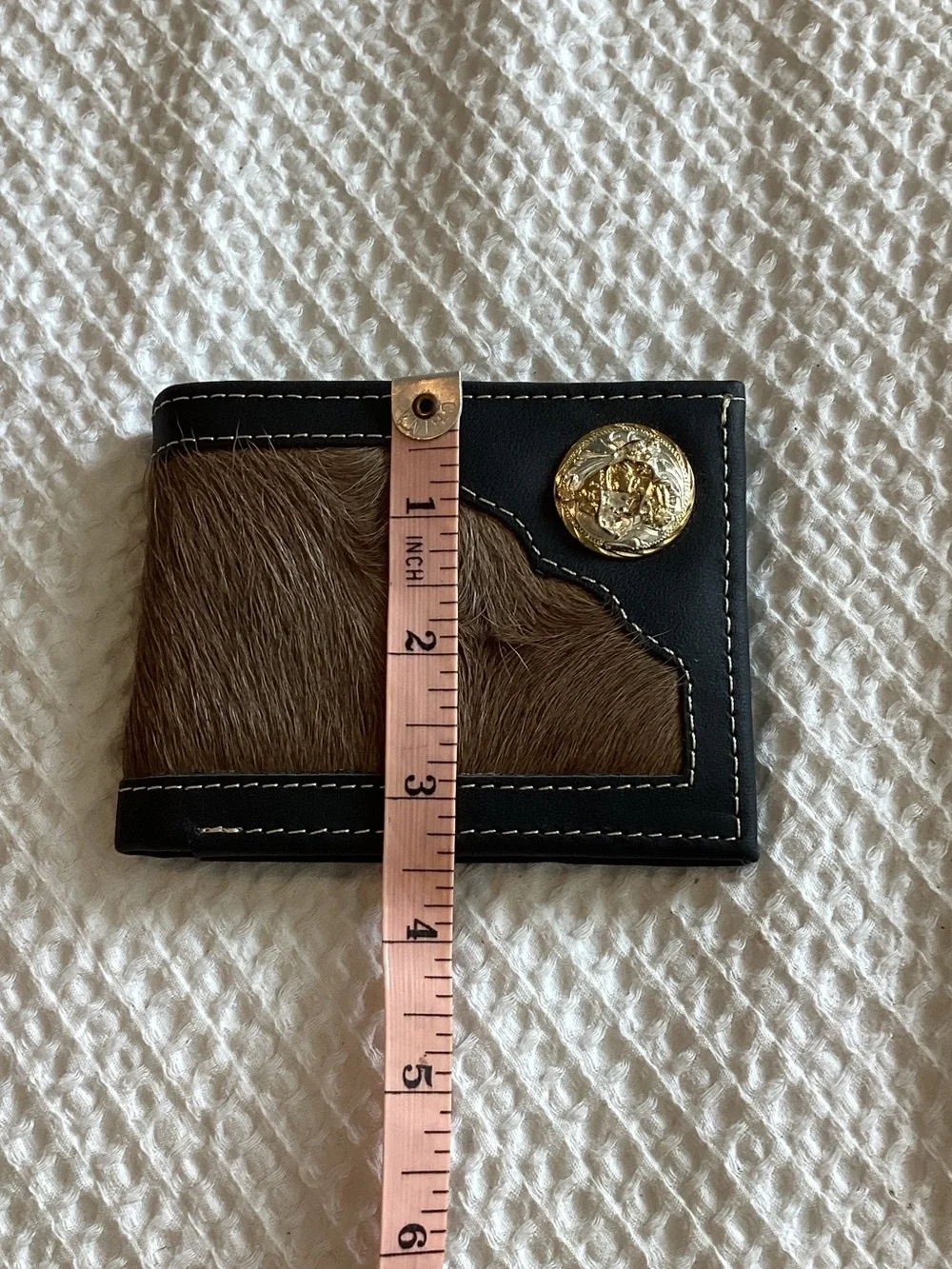 Men's Black and Brown Haircalf Bifold Wallet with Gold Medallion